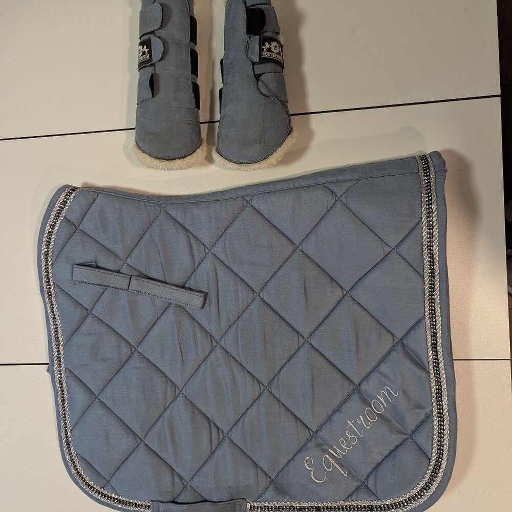 Equestroom Suede Moonstone Blue English Saddle Pad with Silver Piping w/ Matchin
